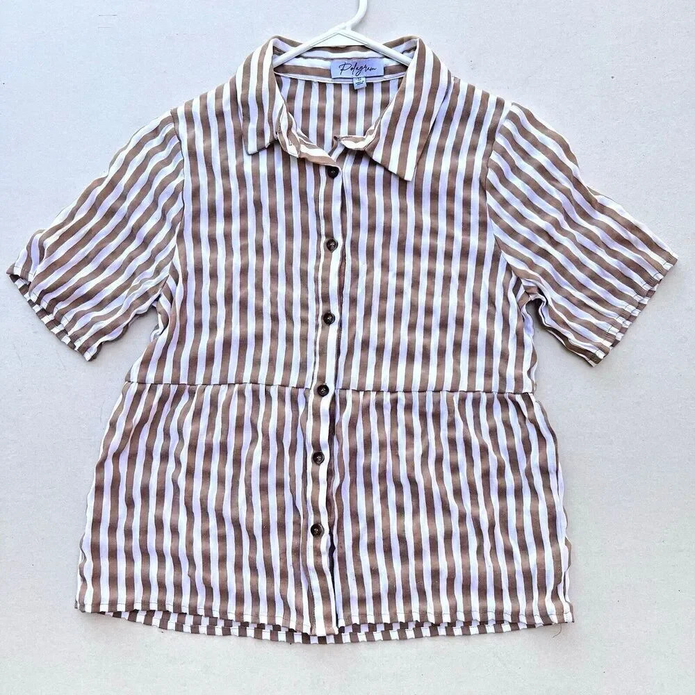 Polagram Womens  Shirt Top Blouse Button brown Woven  Short Sleeve Plaid sz S